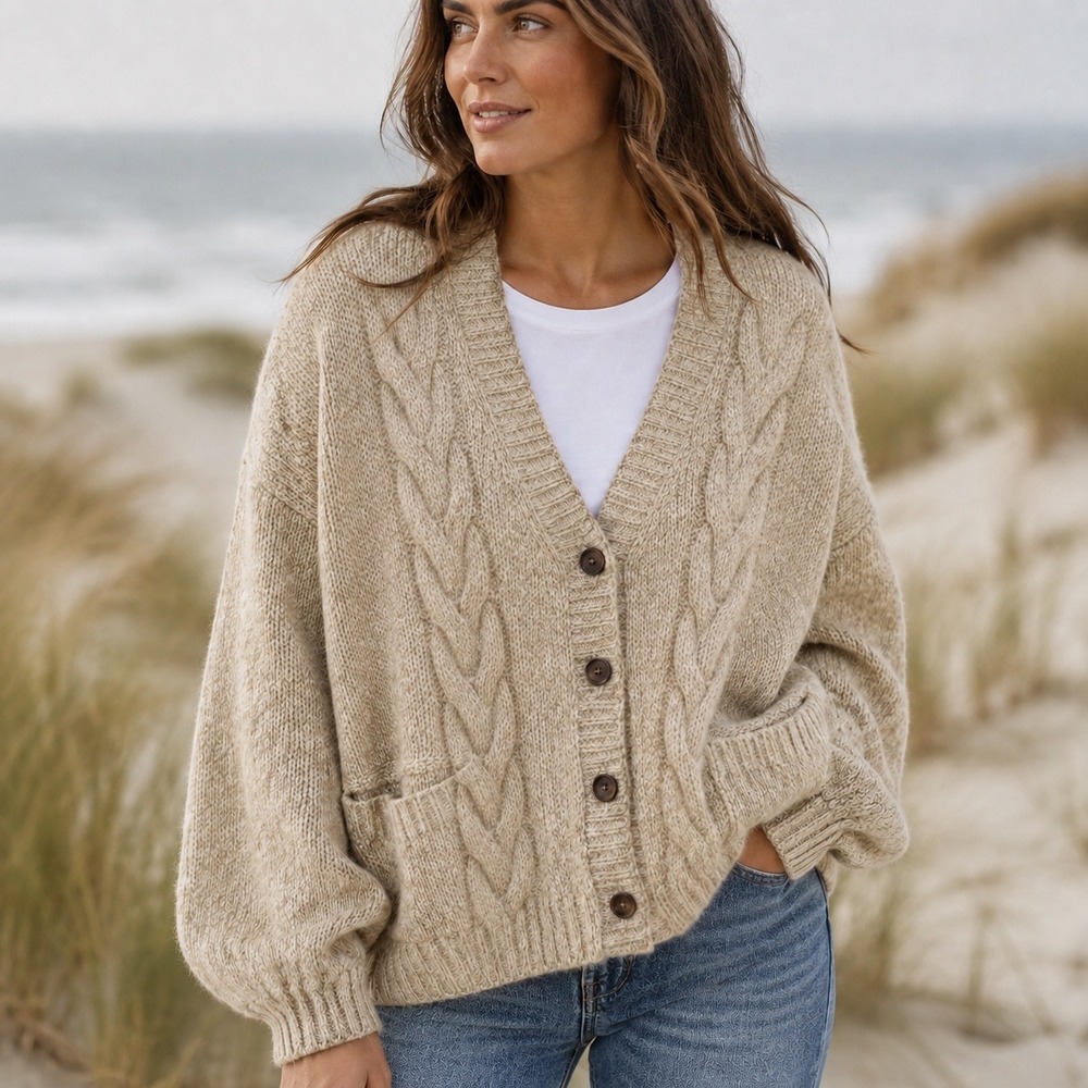 RVCA Chunky Knit Cardigan Sweater XL Wool Blend Button Up Tan Coastal Grandpa